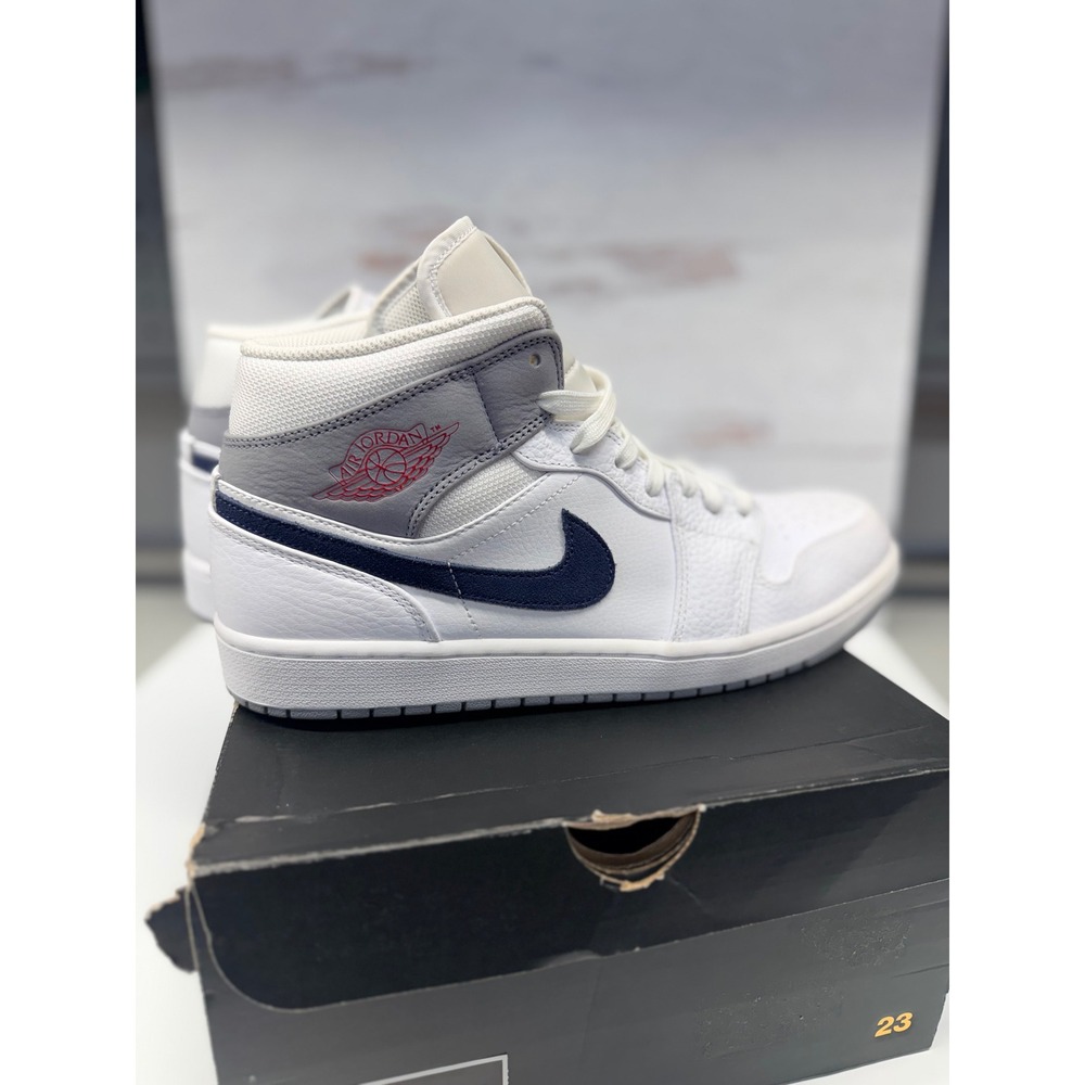 Air Jordan 1 Mid Paris White Midnight Navy Grey Mens 12.5